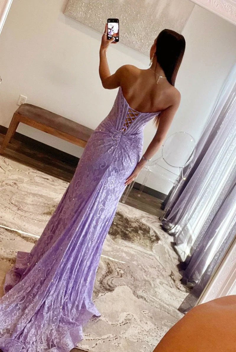 Mandy | Lavender Strapless Lace Ruched Mermaid Prom Dress with Slit - KissProm