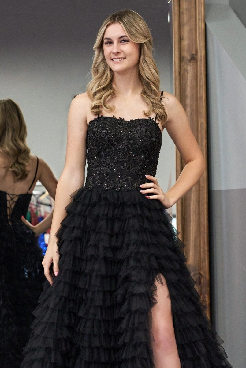Jordan | Black A - Line Tiered Sequins Tulle Long Prom Dress - KissProm