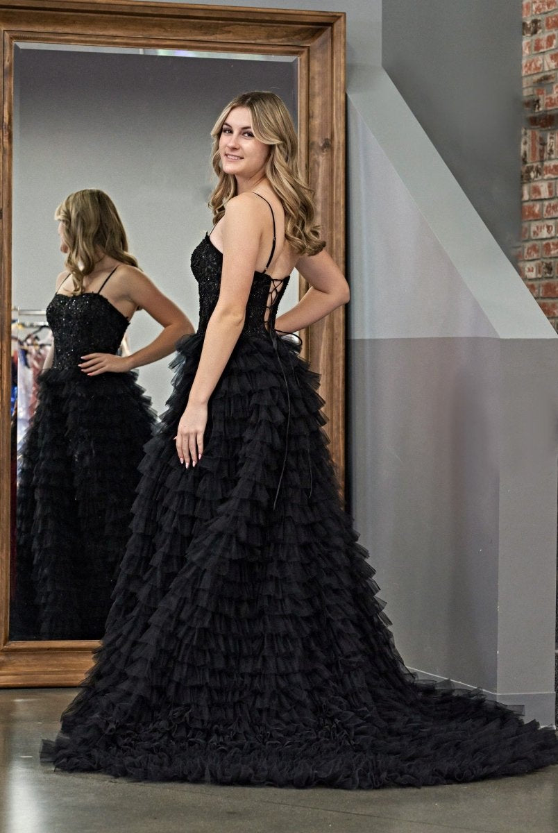 Jordan | Black A - Line Tiered Sequins Tulle Long Prom Dress - KissProm