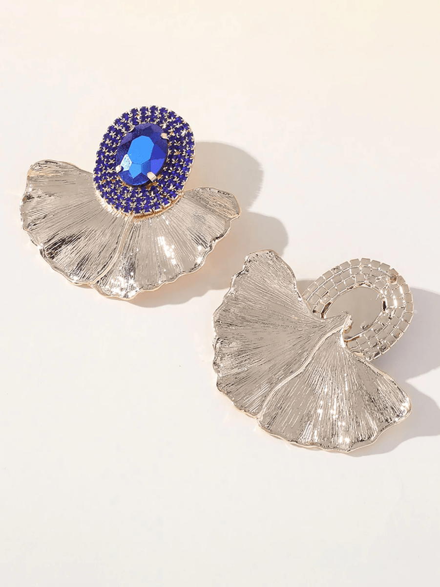 Royal Blue Rhinestones Leaf Floral Oval Earrings - KissProm