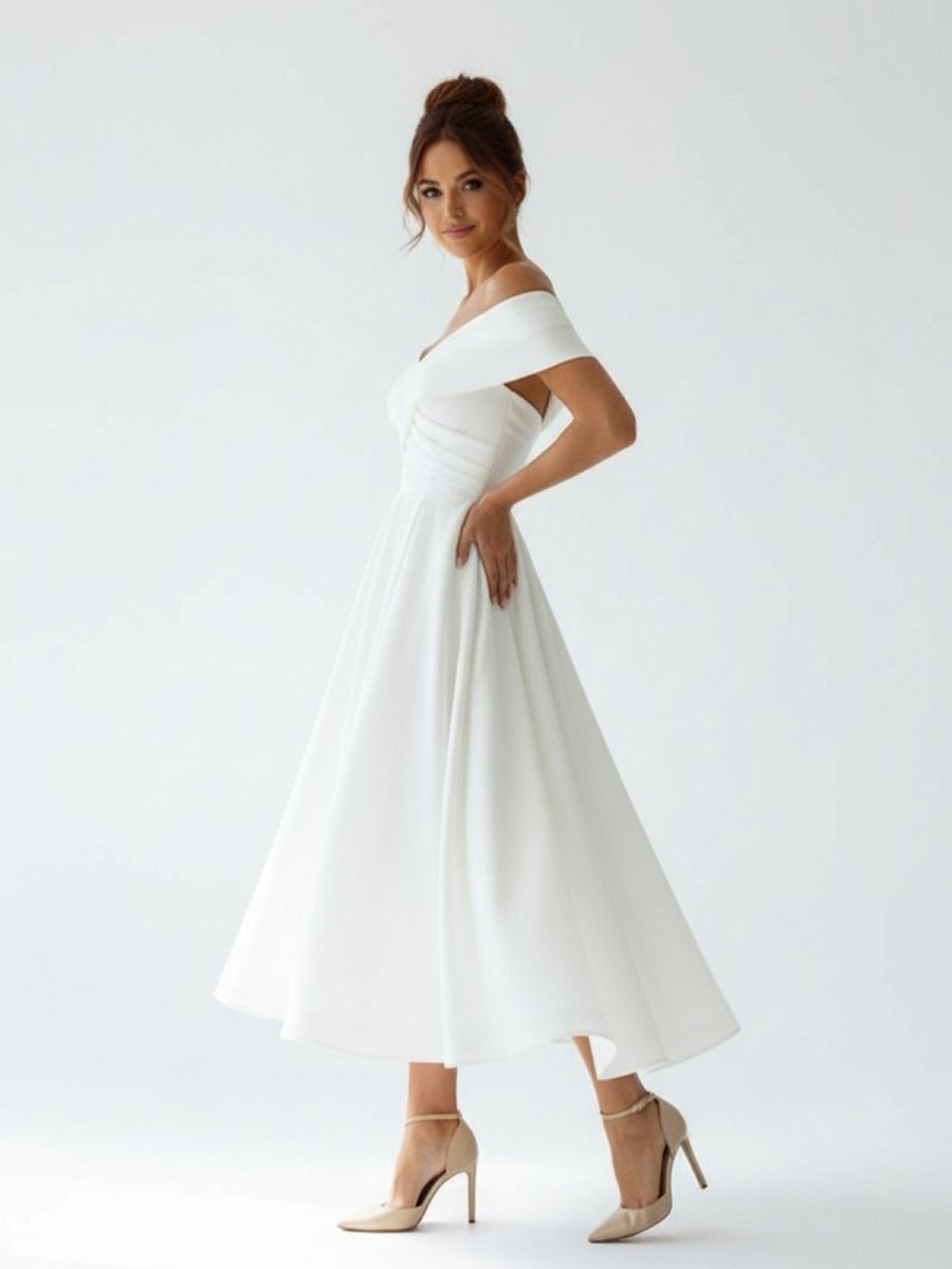 A - Line Satin Tea Length White Off the Shoulder Wedding Dress - KissProm