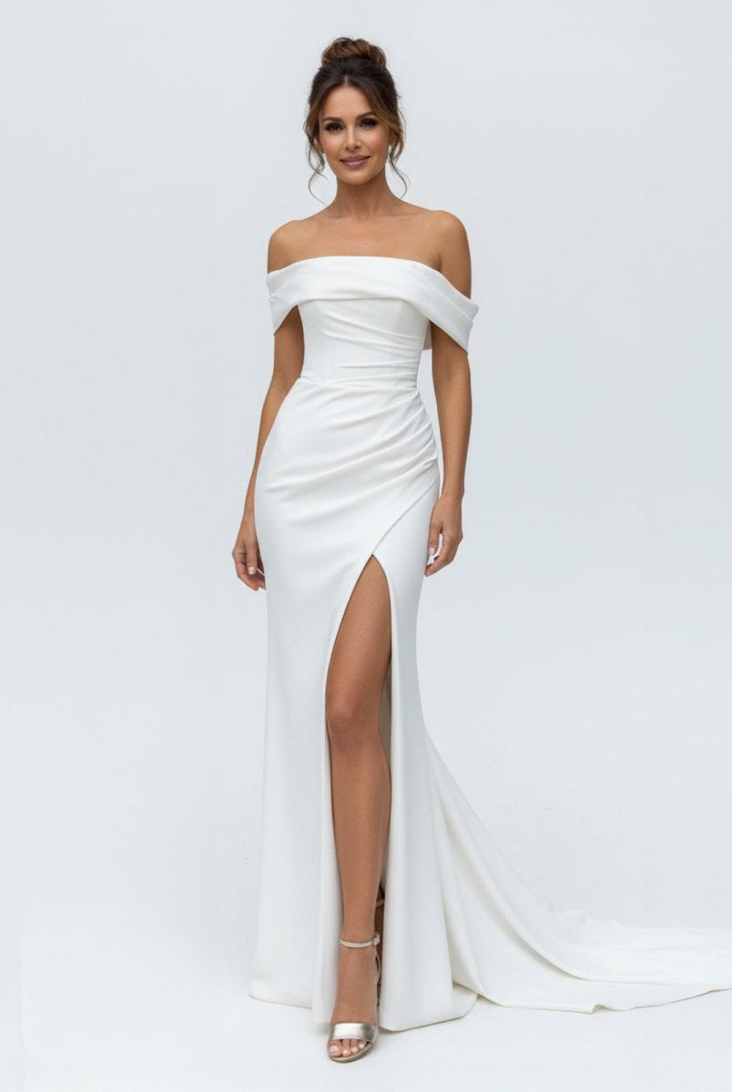 Hathaway | Mermaid Satin Off - the - Shoulder Sheath Wedding Dress with Zipper and Slit - KissProm