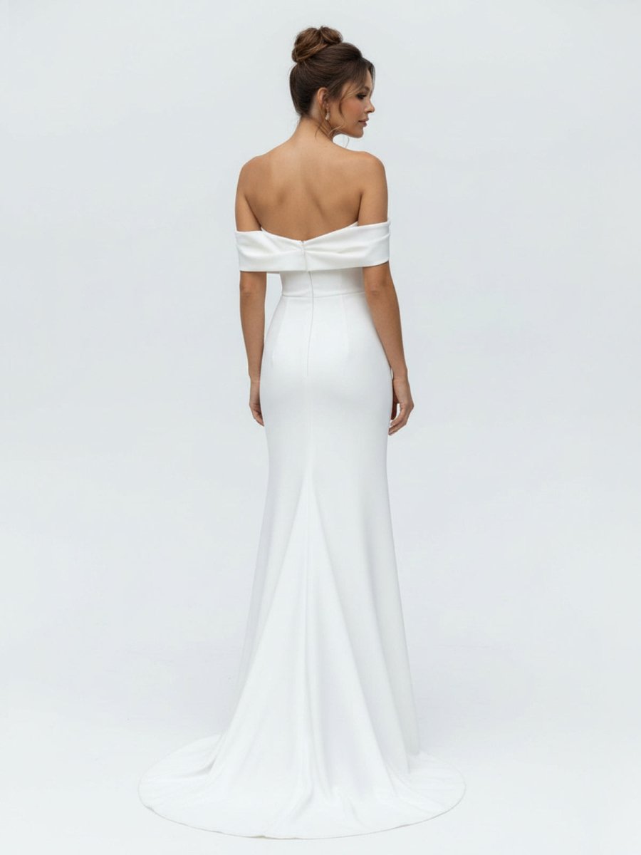 Hathaway | Mermaid Satin Off - the - Shoulder Sheath Wedding Dress with Zipper and Slit - KissProm