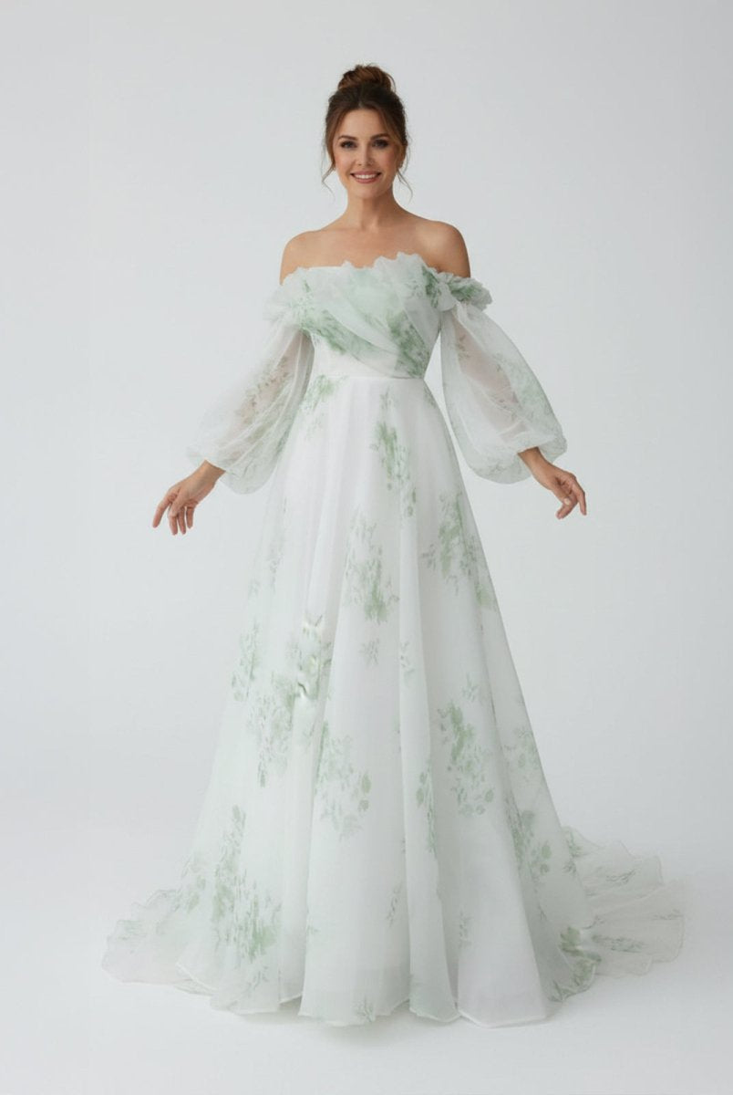 Danica | A - Line Floral Appliqued Majesty Bridal Wedding Dress with Ruffles - KissProm