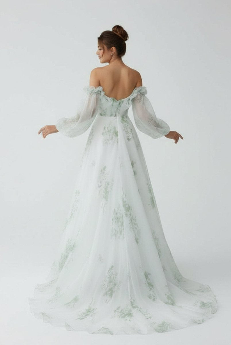 Danica | A - Line Floral Appliqued Majesty Bridal Wedding Dress with Ruffles - KissProm