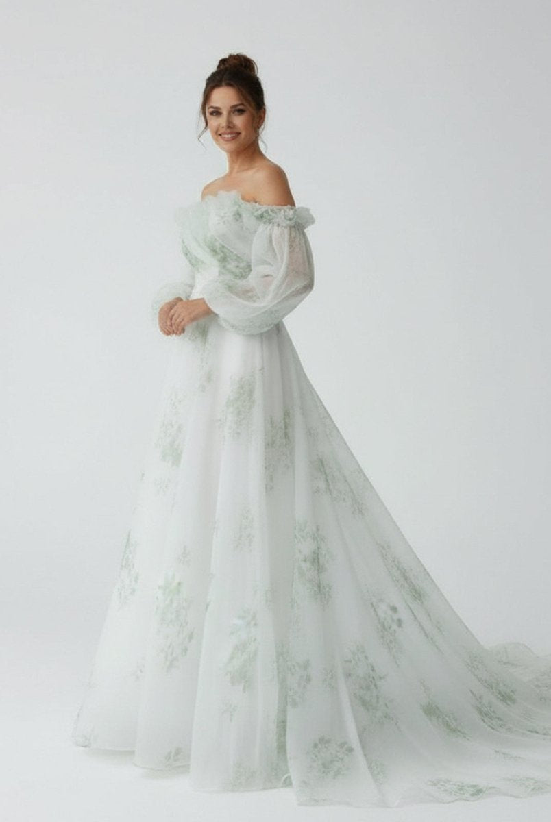 Danica | A - Line Floral Appliqued Majesty Bridal Wedding Dress with Ruffles - KissProm