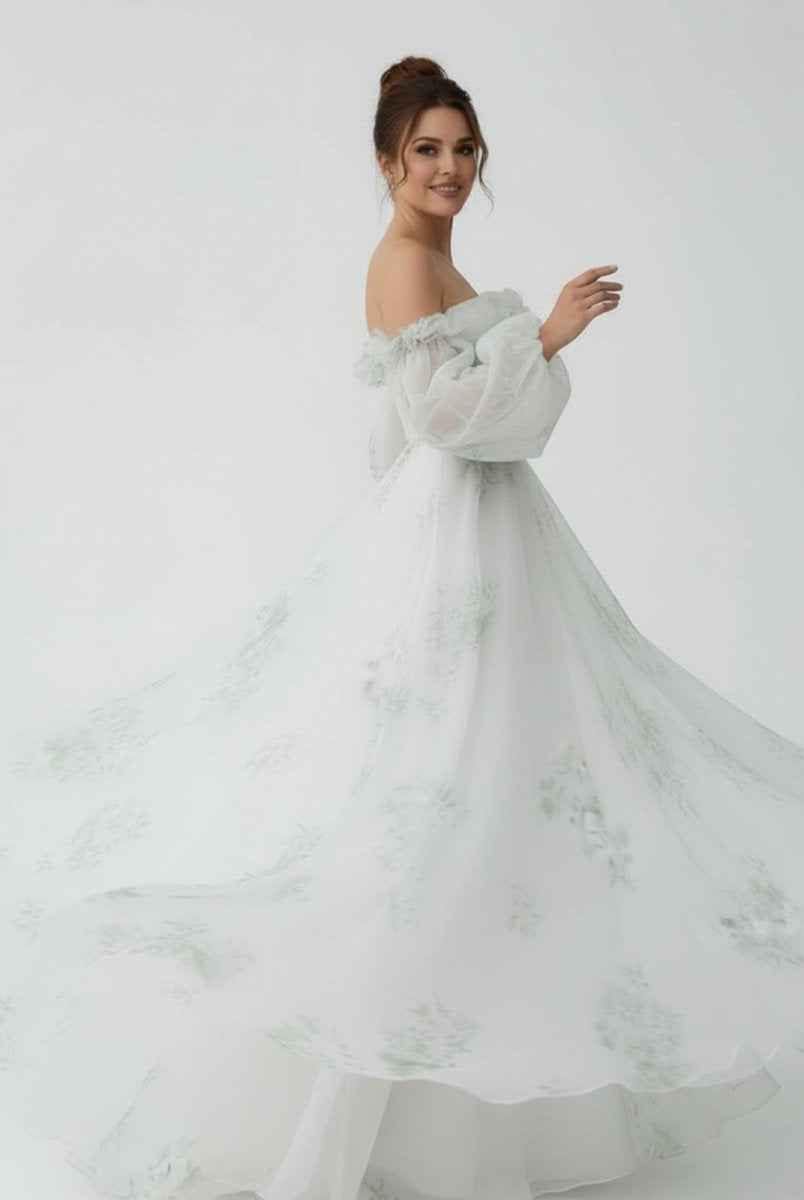 Danica | A - Line Floral Appliqued Majesty Bridal Wedding Dress with Ruffles - KissProm