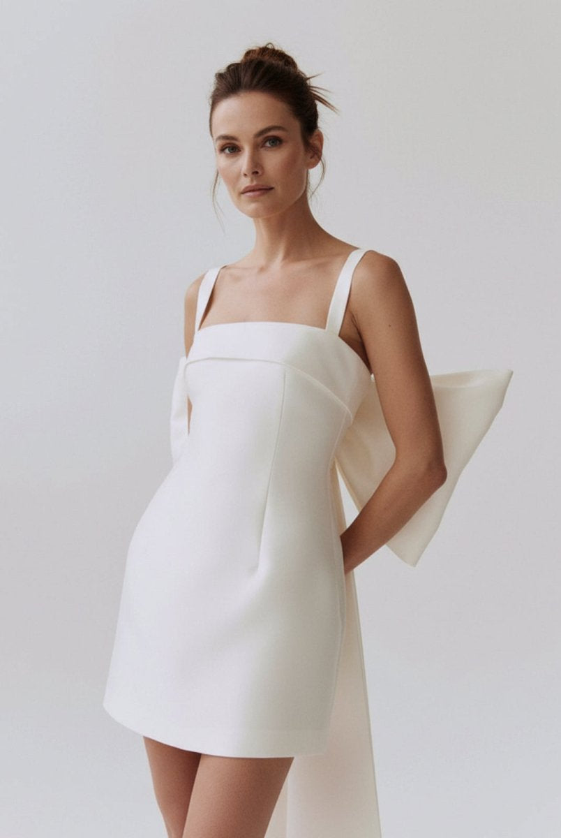 Yvaine | Square Neck White Satin Short Wedding Dress with Bow Back and Veil