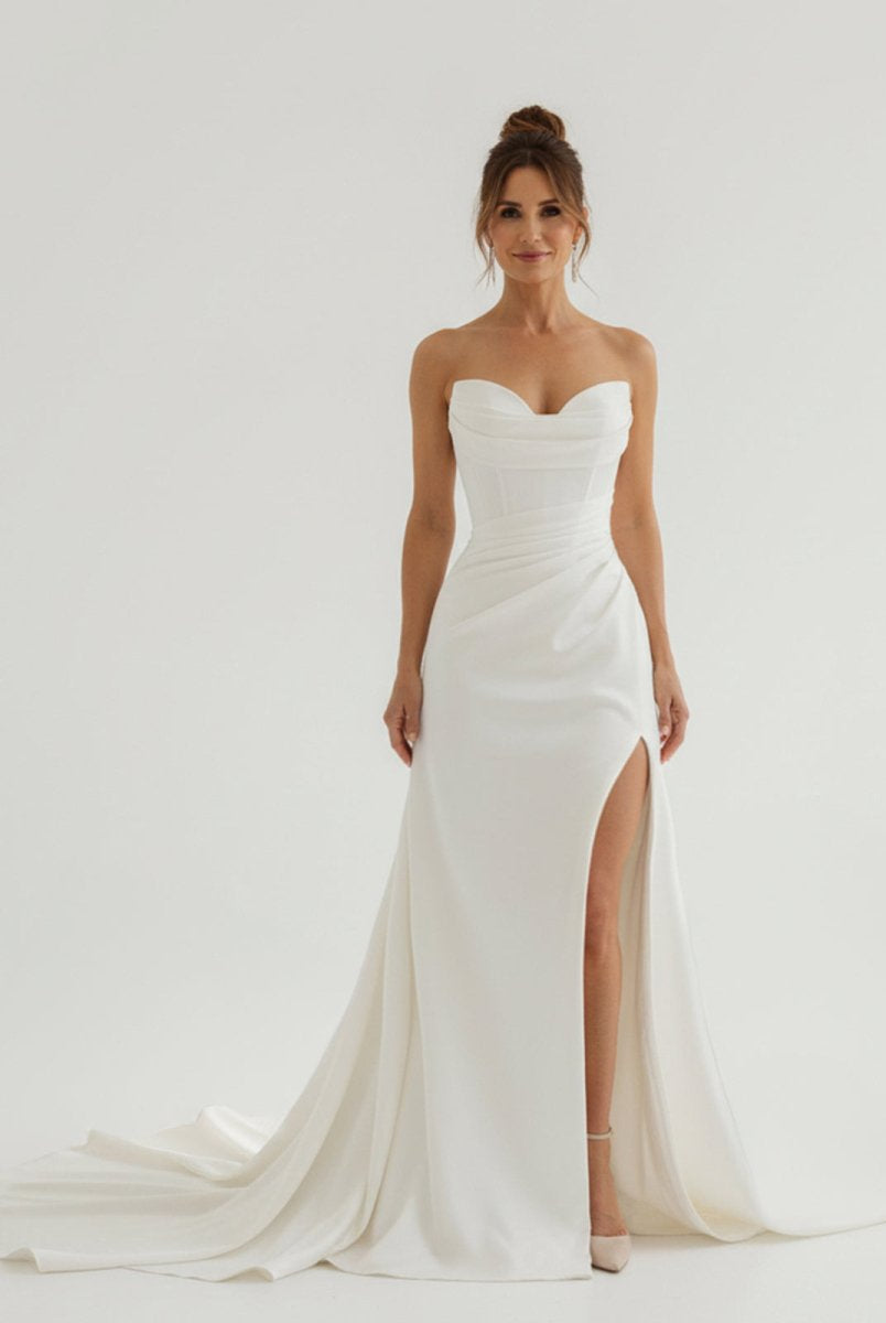 Sia | Mermaid Strapless Satin Wedding Dress With Convenient Detachable Skirt - KissProm