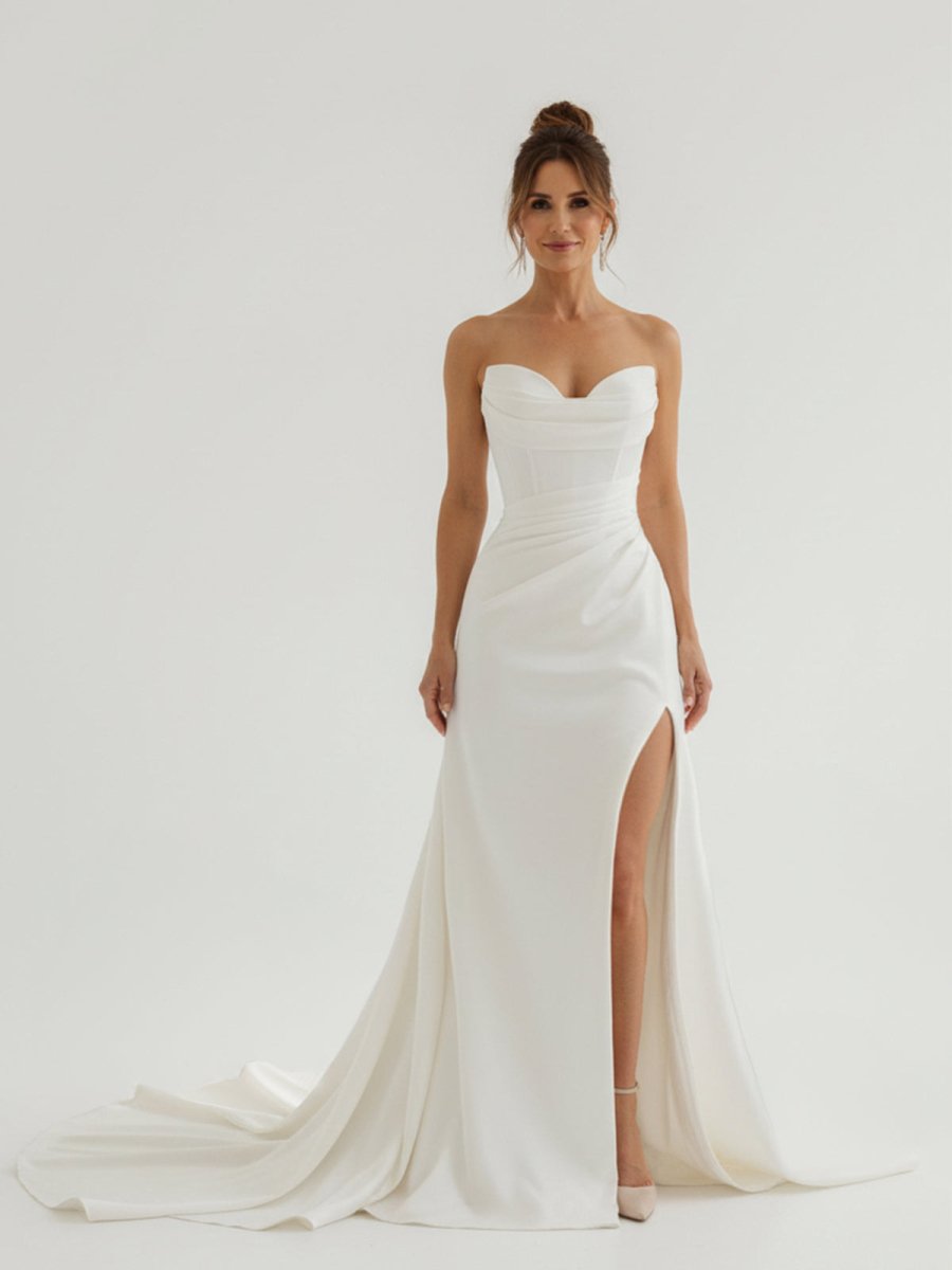 Sia | Mermaid Strapless Satin Wedding Dress With Convenient Detachable Skirt - KissProm