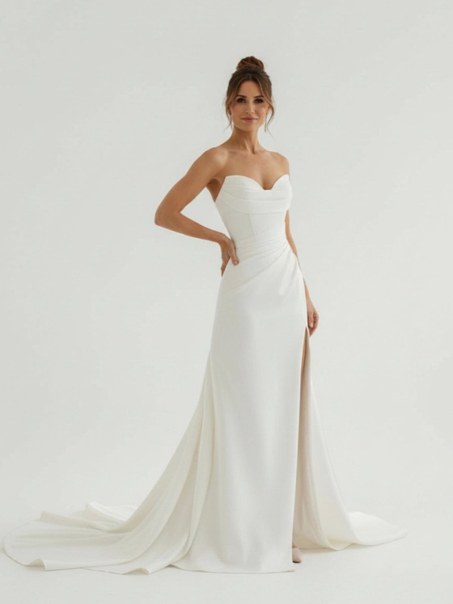 Sia | Mermaid Strapless Satin Wedding Dress With Convenient Detachable Skirt - KissProm