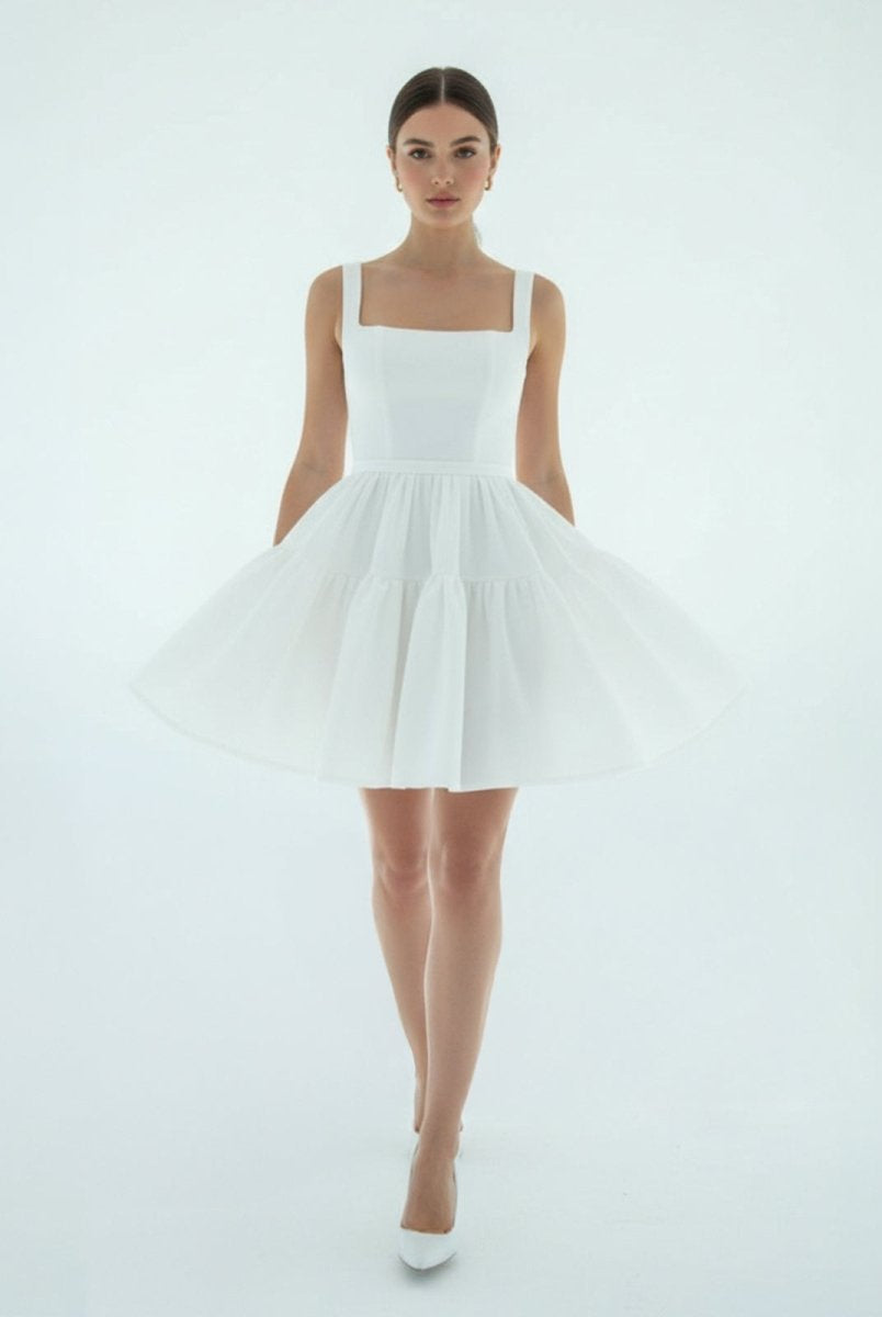A - Line Boat - Neck Mini - Length Sleeveless Satin Pleats Wedding Dress - KissProm