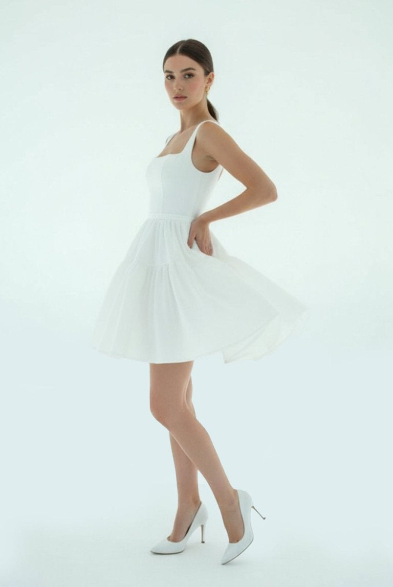 A - Line Boat - Neck Mini - Length Sleeveless Satin Pleats Wedding Dress - KissProm