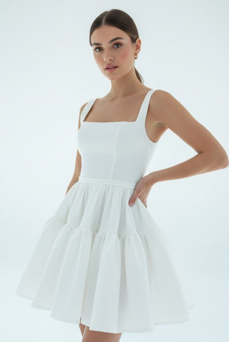A - Line Boat - Neck Mini - Length Sleeveless Satin Pleats Wedding Dress - KissProm