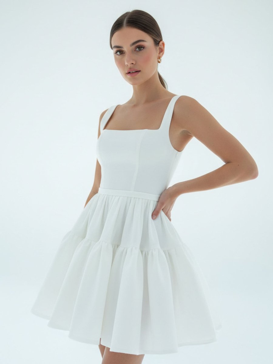 A - Line Boat - Neck Mini - Length Sleeveless Satin Pleats Wedding Dress - KissProm