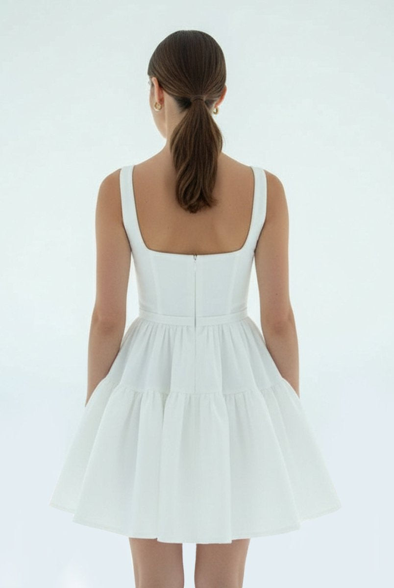 A - Line Boat - Neck Mini - Length Sleeveless Satin Pleats Wedding Dress - KissProm