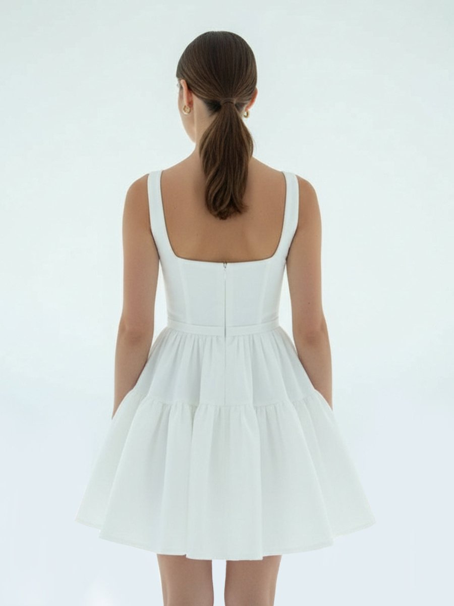 A - Line Boat - Neck Mini - Length Sleeveless Satin Pleats Wedding Dress - KissProm