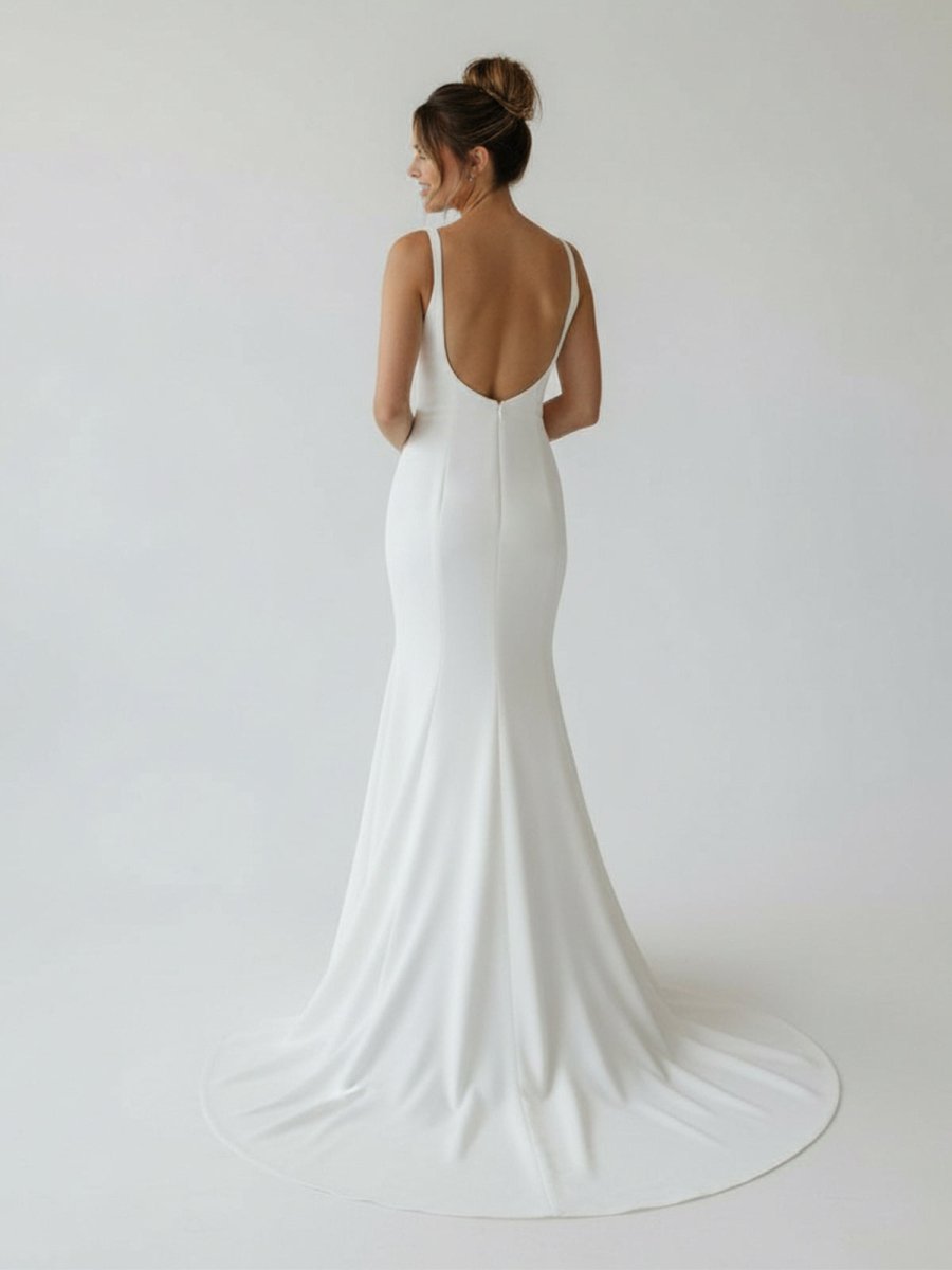 Simple Mermaid Scoop Neck Backless Satin Wedding Dresses - KissProm