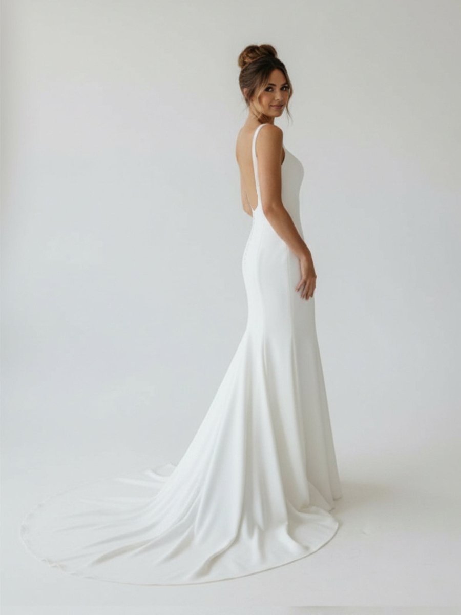 Simple Mermaid Scoop Neck Backless Satin Wedding Dresses - KissProm