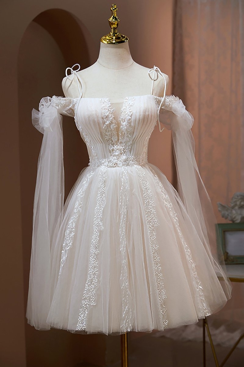 Spaghetti Straps A Line Appliques Tulle Short Homecoming Dresses Ivory / 4