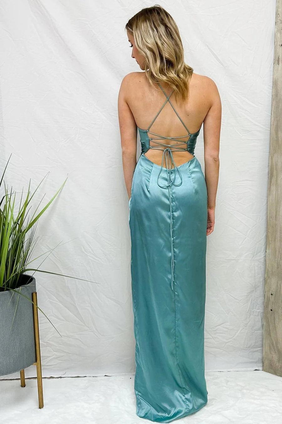 Danielle | Light Blue Cowl Neck Twist Knot Pleated Long Prom Dress With Slit - KissProm