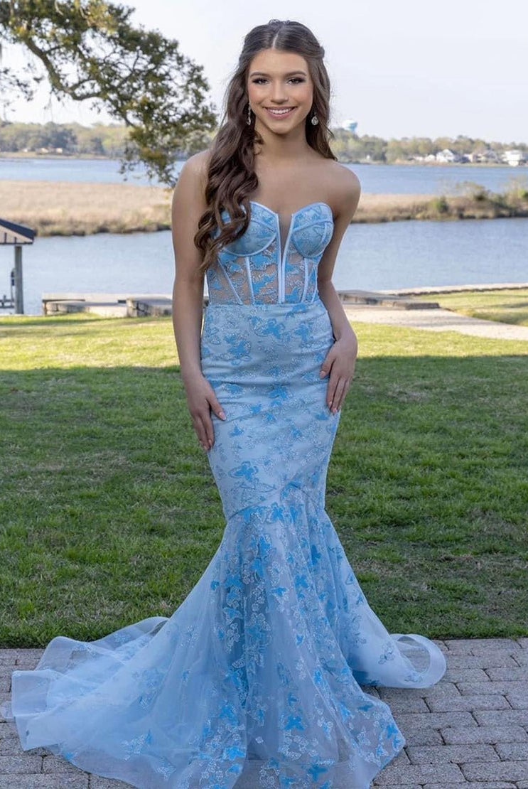 Ruth | Light Blue Gougeous Strapless Long Prom Dress With Appliques - KissProm