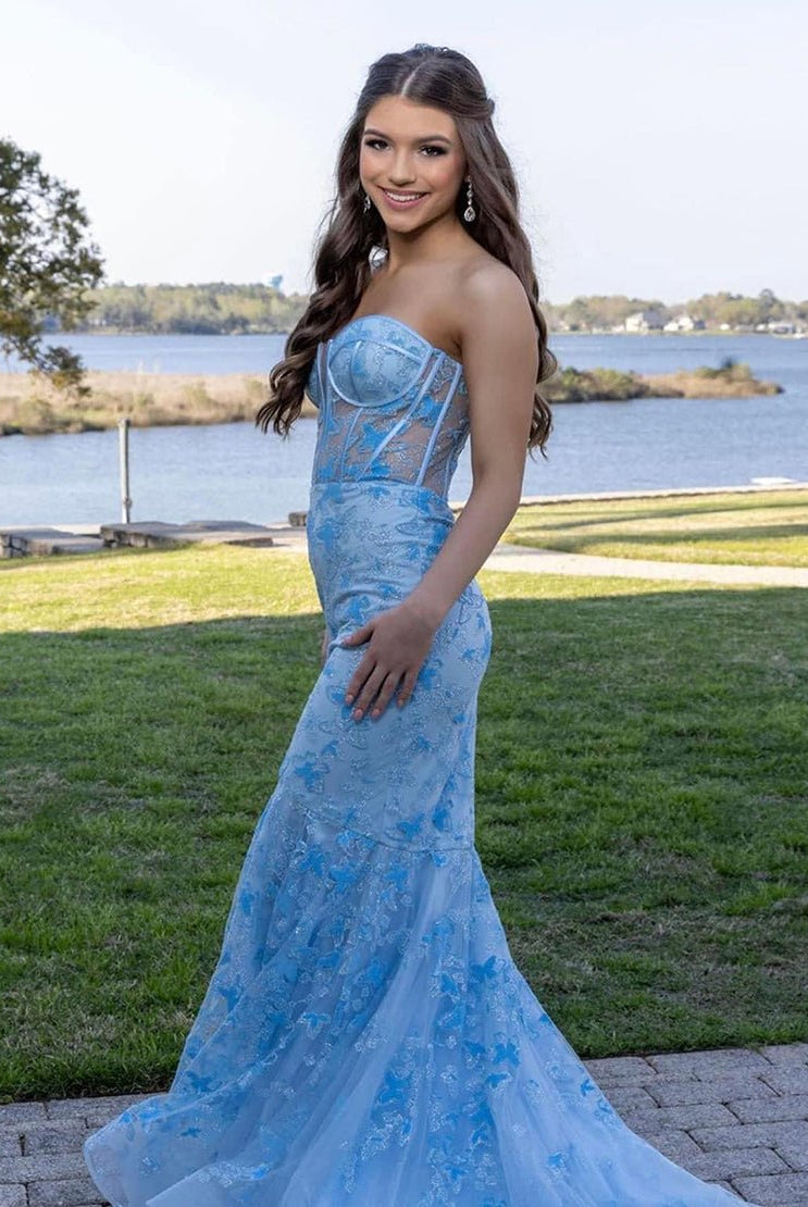 Ruth | Light Blue Gougeous Strapless Long Prom Dress With Appliques - KissProm