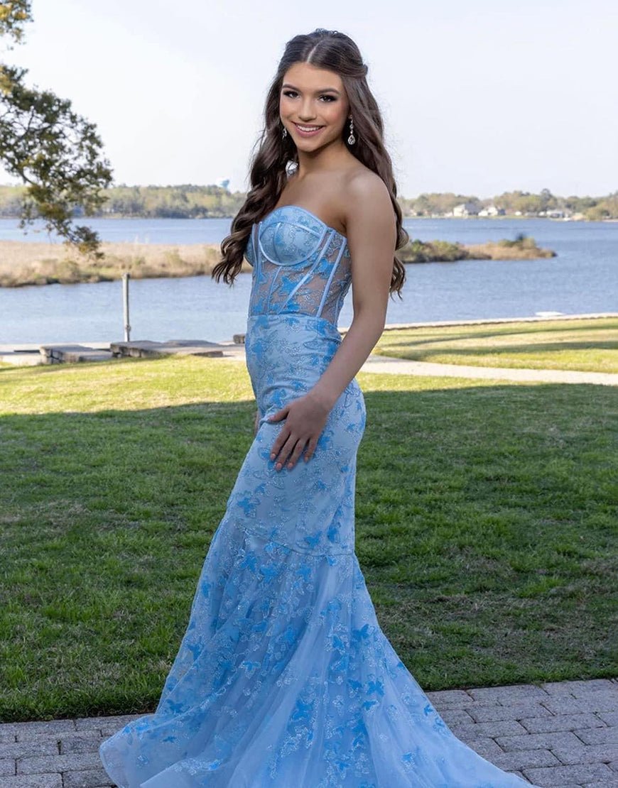 Ruth | Light Blue Gougeous Strapless Long Prom Dress With Appliques - KissProm