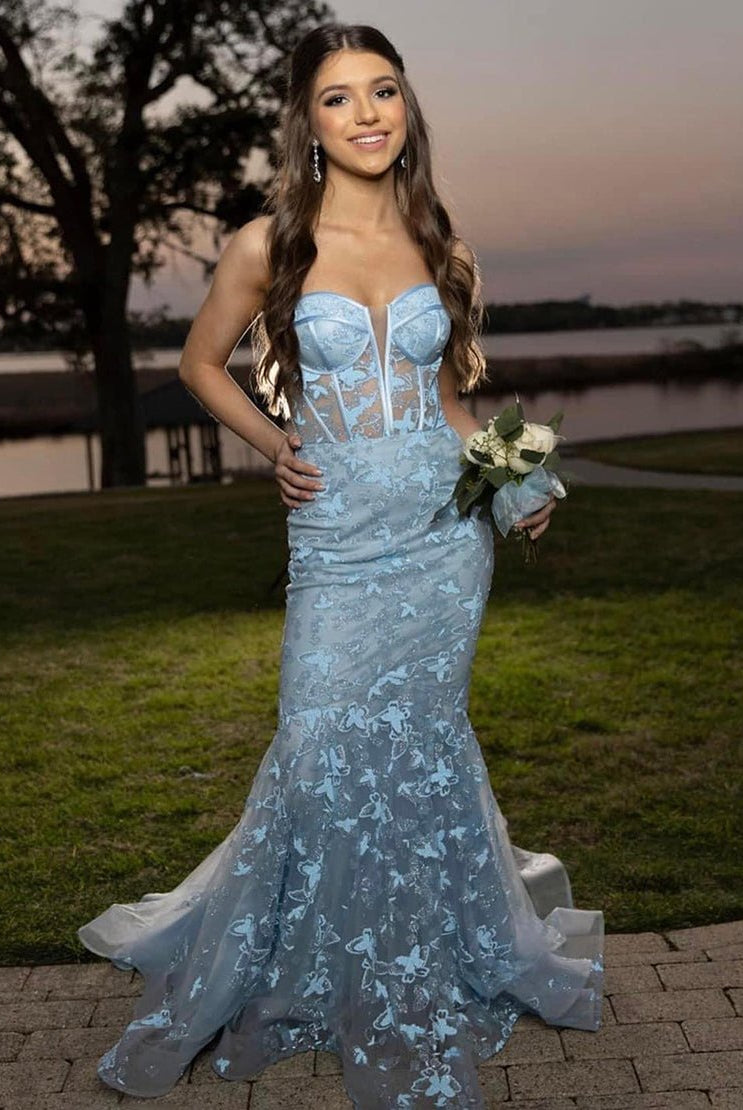 Ruth | Light Blue Gougeous Strapless Long Prom Dress With Appliques - KissProm