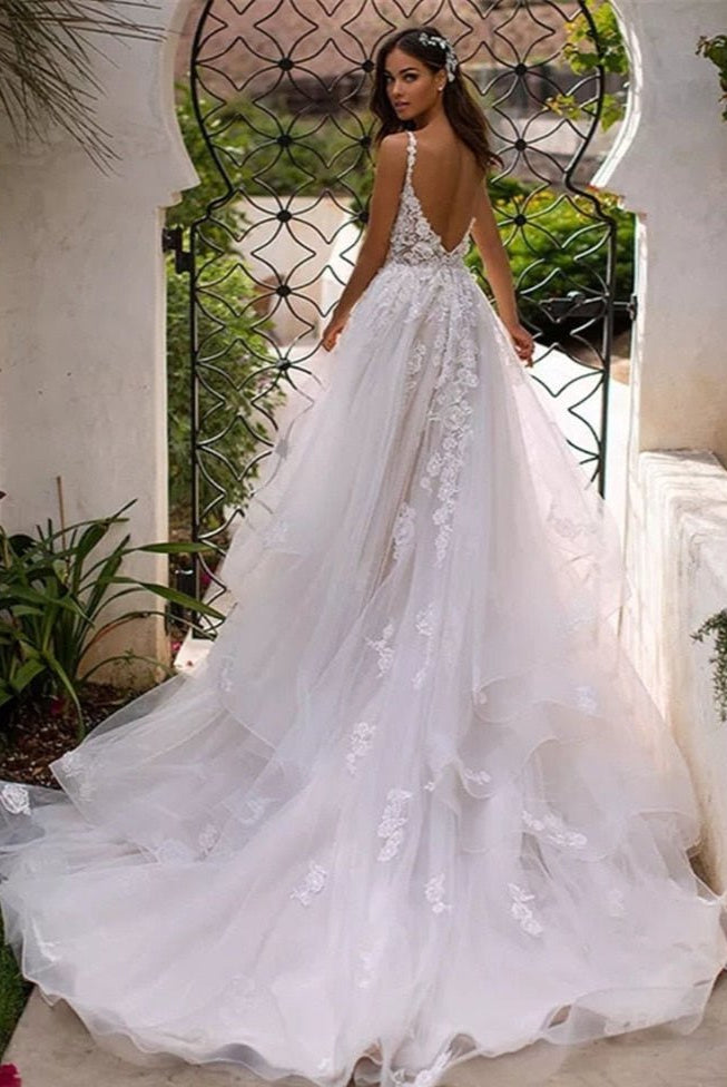 A-Line Lace White Sweep Train Sleeveless Backless Wedding Dress