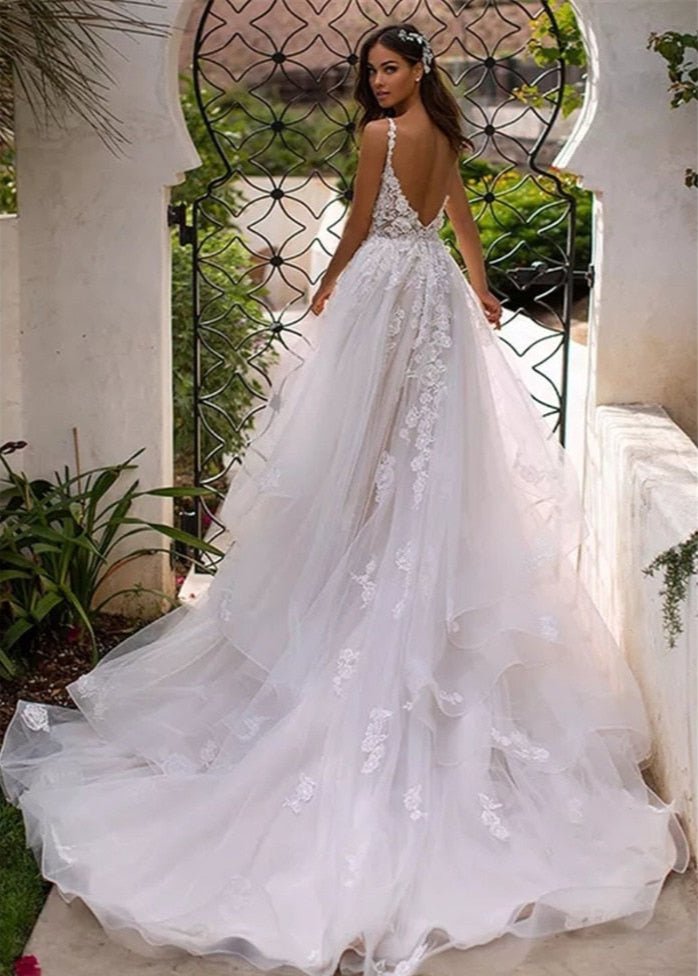 A-Line Lace White Sweep Train Sleeveless Backless Wedding Dress