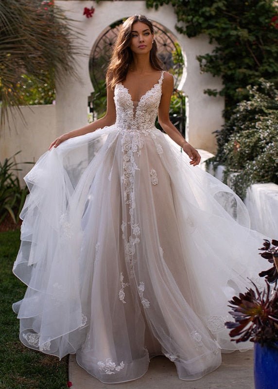 princess polly baby blue dress A-Line Lace White Sweep Train Sleeveless Backless Wedding Dress, White-Nude / 10