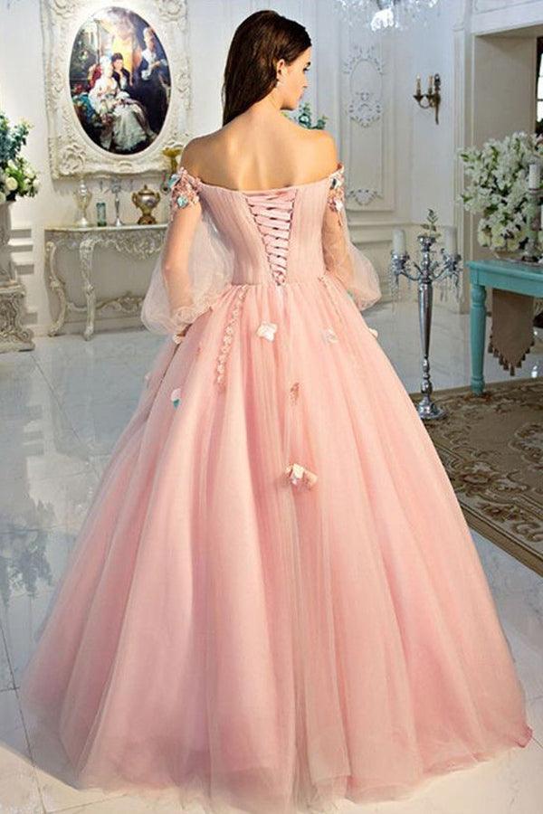 Ainsley | Long Sleeve Pearl Pink Off The Shoulder Quinceanera Dress with Hand - made Flower - KissProm