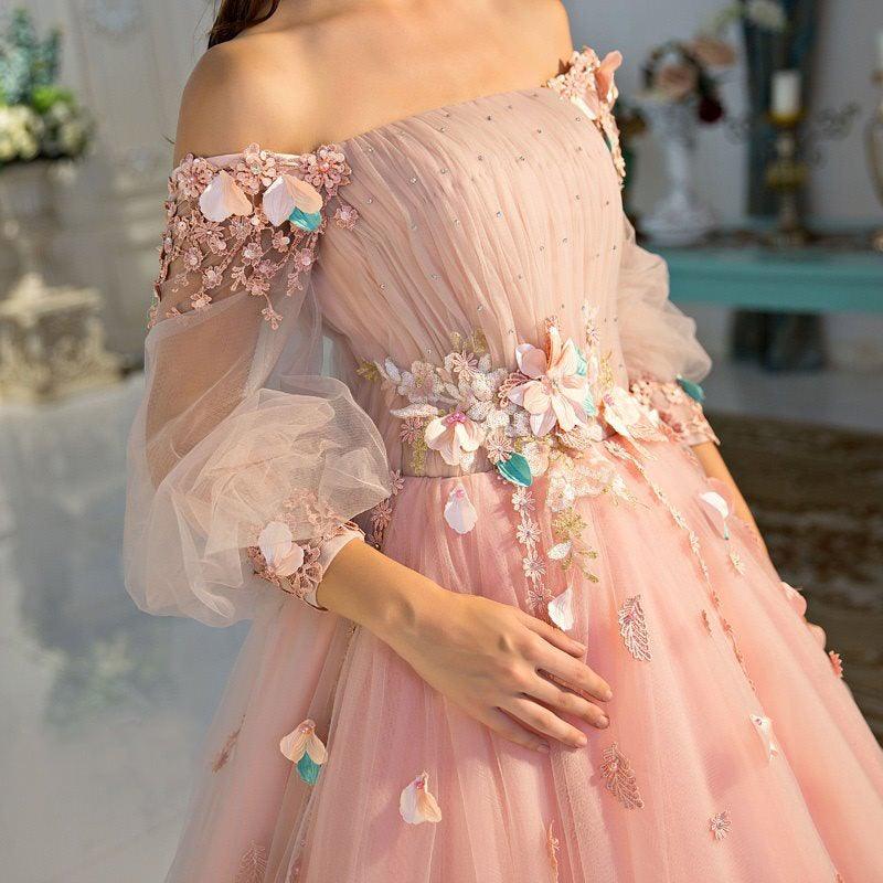 Ainsley | Long Sleeve Pearl Pink Off The Shoulder Quinceanera Dress with Hand - made Flower - KissProm