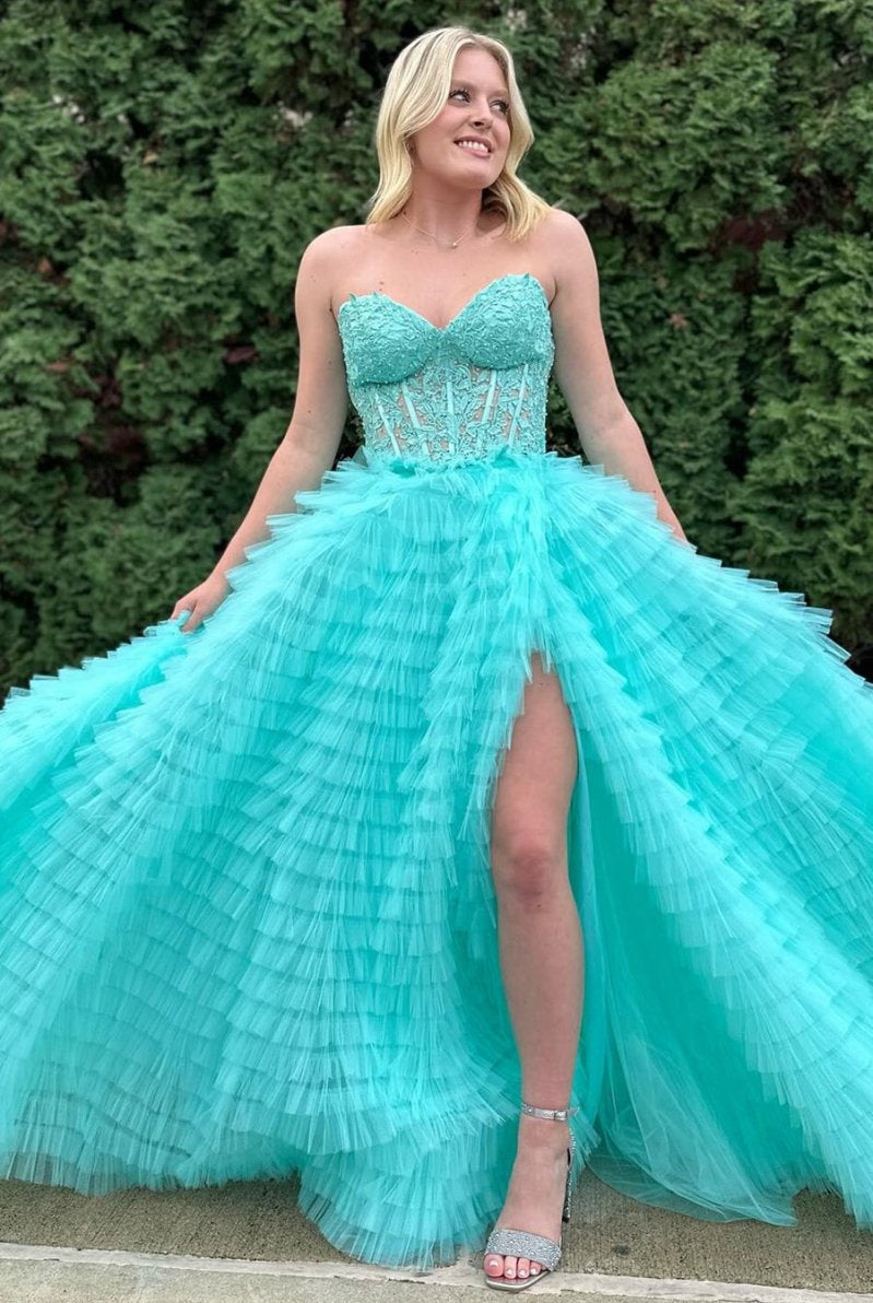 Addilyn |A-line Strapless Multi-Layers Tulle Prom Dress with Slit