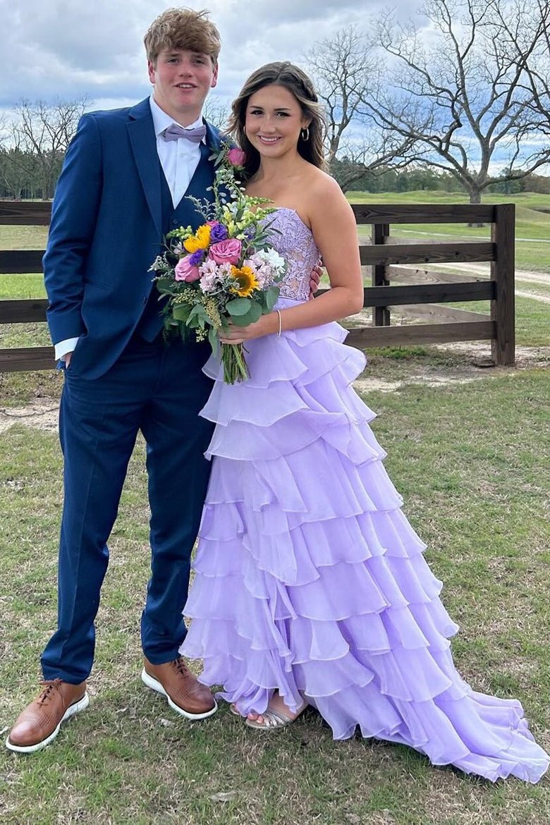 KissProm-Alondra Lavender Chiffon Sweetheart Ruffle Tiered Long Prom Dress