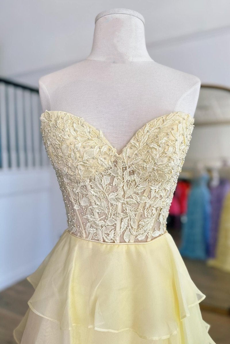 KissProm-Alondra Yellow Chiffon Sweetheart Ruffle Tiered Long Prom Dress