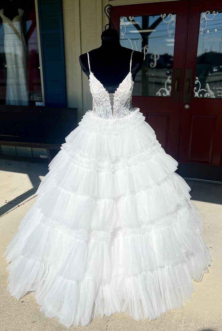 Hadlee | Black Beaded Spaghetti Strap Ruffle Tiered Ball Gown