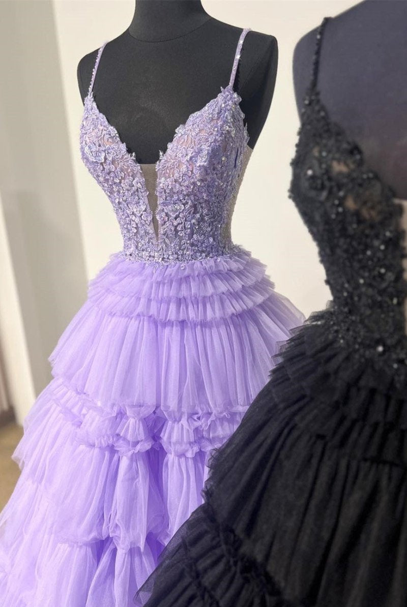 Hadlee | Black Beaded Spaghetti Strap Ruffle Tiered Ball Gown