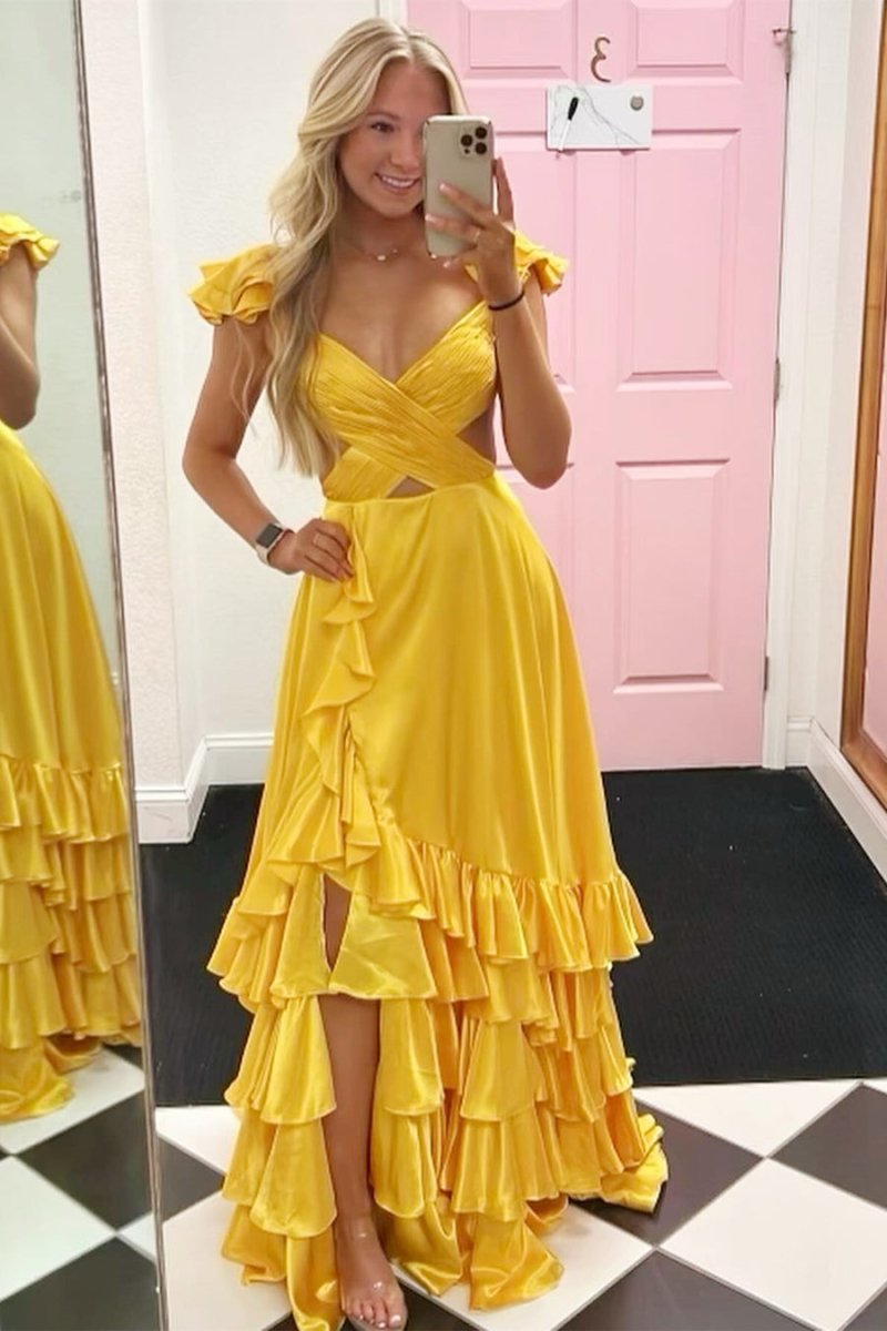 Brittany | Red Cutout Ruffle A-Line Long Prom Dress with Slit