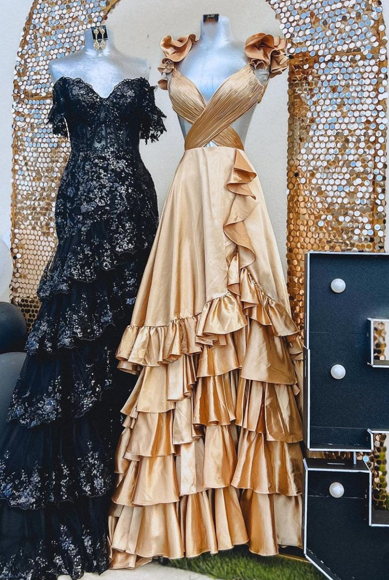 Brittany | Red Cutout Ruffle A-Line Long Prom Dress with Slit