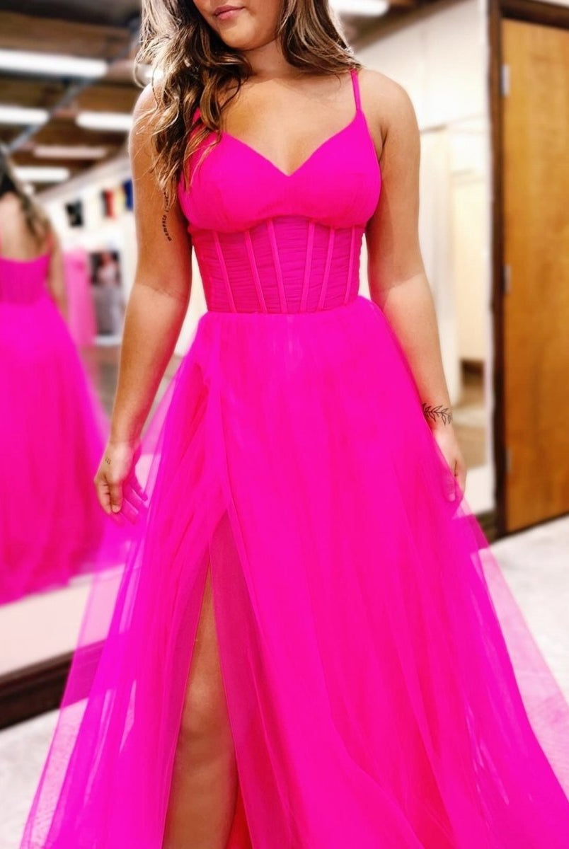Galilea | Fuchsia V - Neck Sheer Bodice A - Line Long Prom Dress with Slit - KissProm