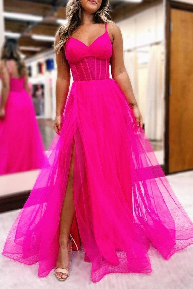 Galilea | Fuchsia V - Neck Sheer Bodice A - Line Long Prom Dress with Slit - KissProm