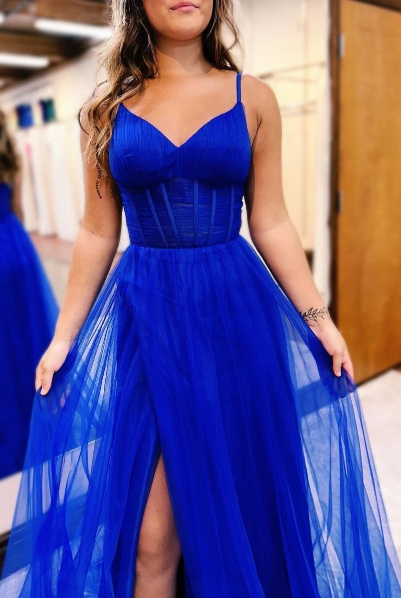 Galilea | Fuchsia V - Neck Sheer Bodice A - Line Long Prom Dress with Slit - KissProm