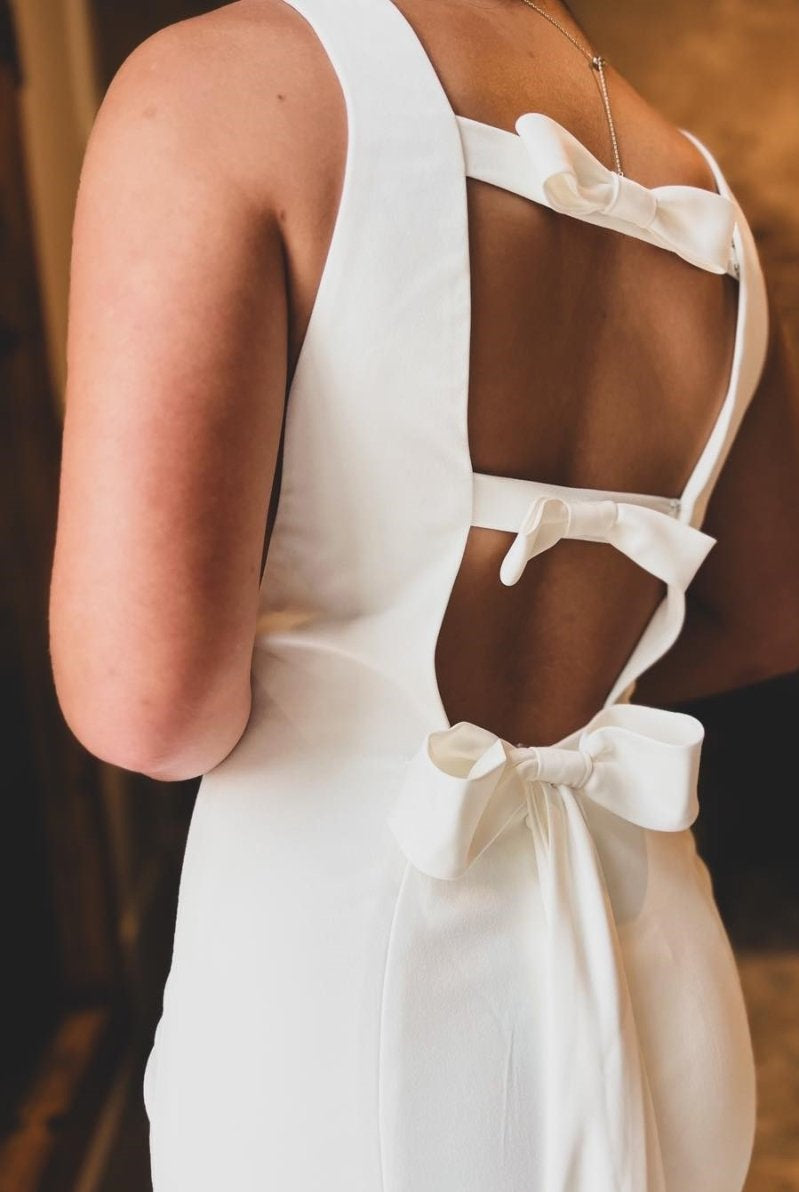 White Satin Bateau Open Back Mermaid Long Wedding Dress