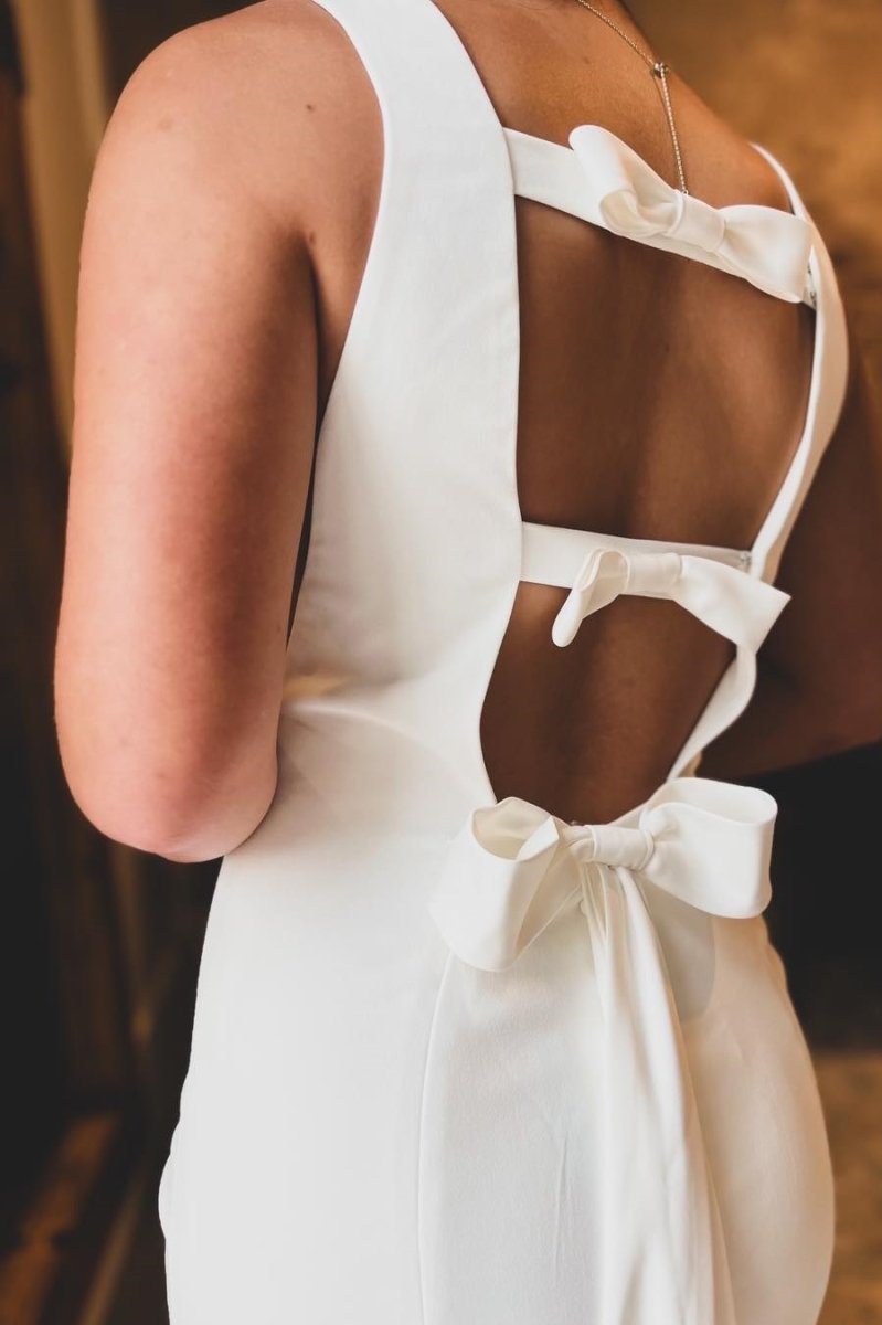 White Satin Bateau Open Back Mermaid Long Wedding Dress