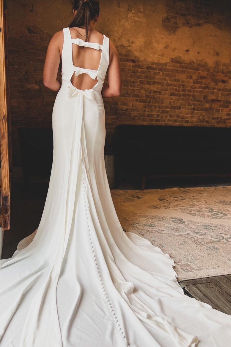 White Satin Bateau Open Back Mermaid Long Wedding Dress