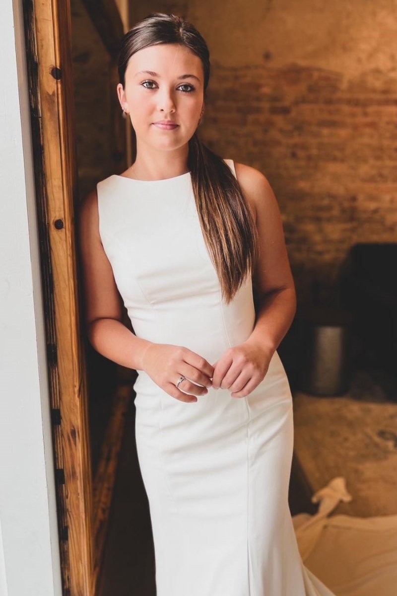 White Satin Bateau Open Back Mermaid Long Wedding Dress