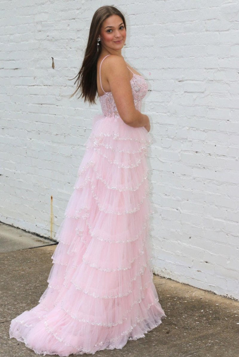 Abbie | Straps Black Mesh Cutout Sequined Layered Long Prom Dress