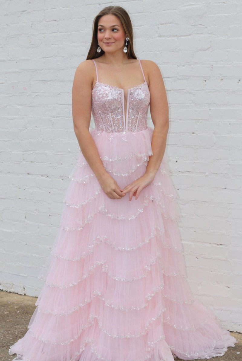 Abbie | Straps Black Mesh Cutout Sequined Layered Long Prom Dress